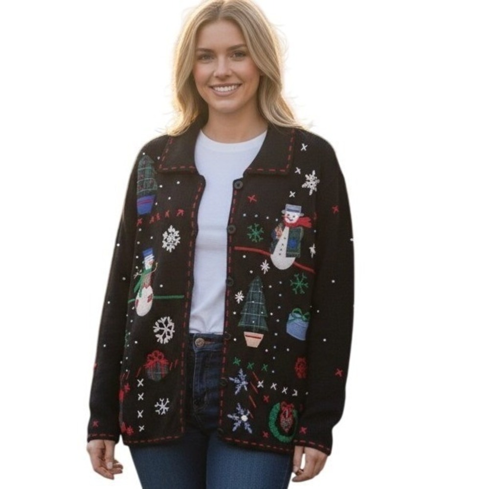 Erika Vintage Christmas Snowman Embroidered Beaded Cardigan Sweater‎ Black Large